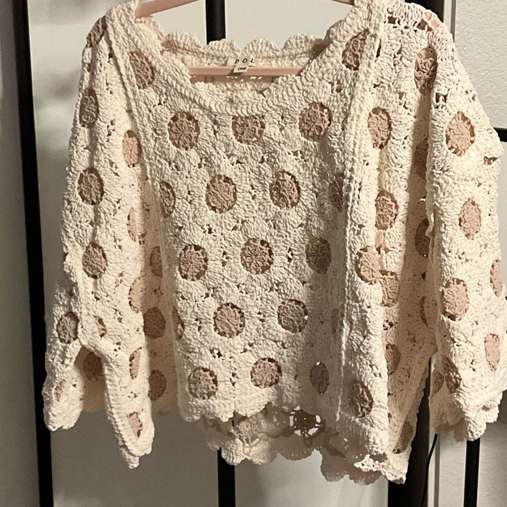 POL Cream Crochet Sweater with Beige Polka Dots